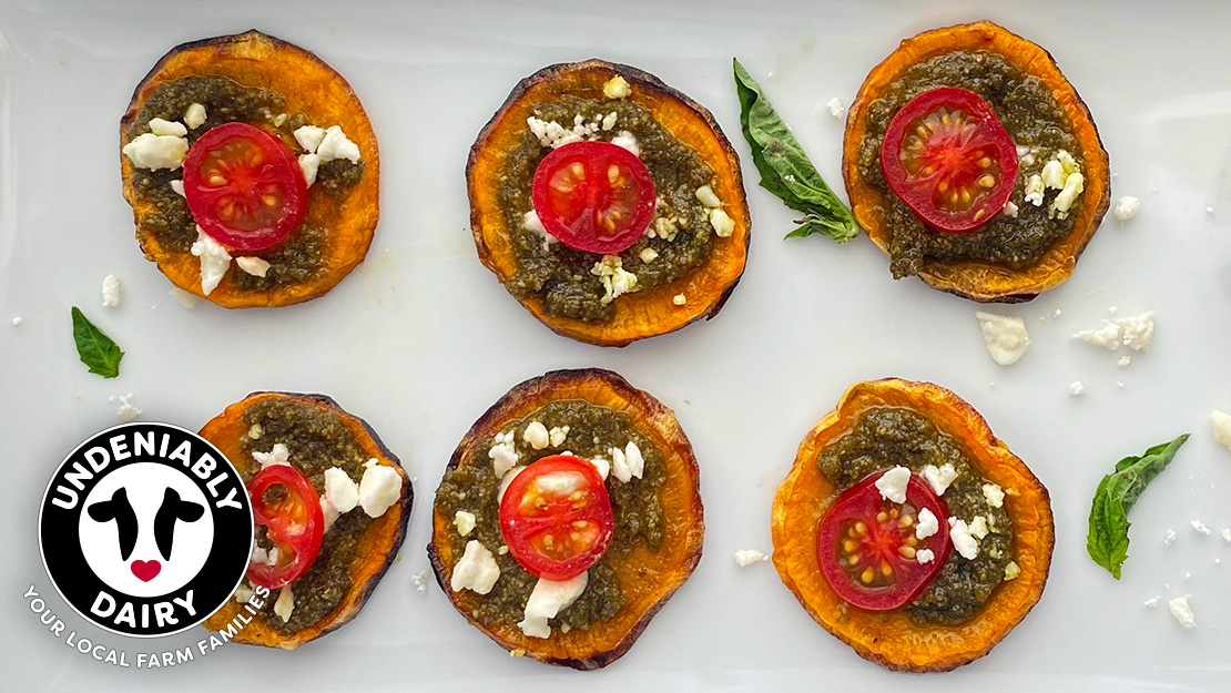 Pesto with Sweet Potato Crostini 