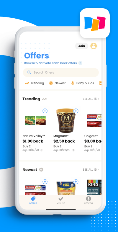 Coupons.com app showing offers on the phone screen